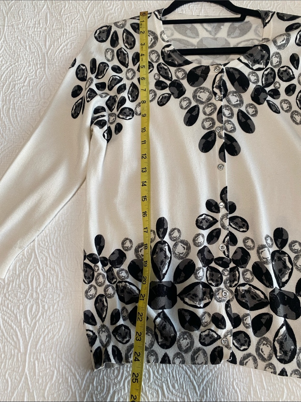 Joseph A White Cardigan with Black Gemstone Print and Rhinestone Buttons Size S - Picture 16 of 16